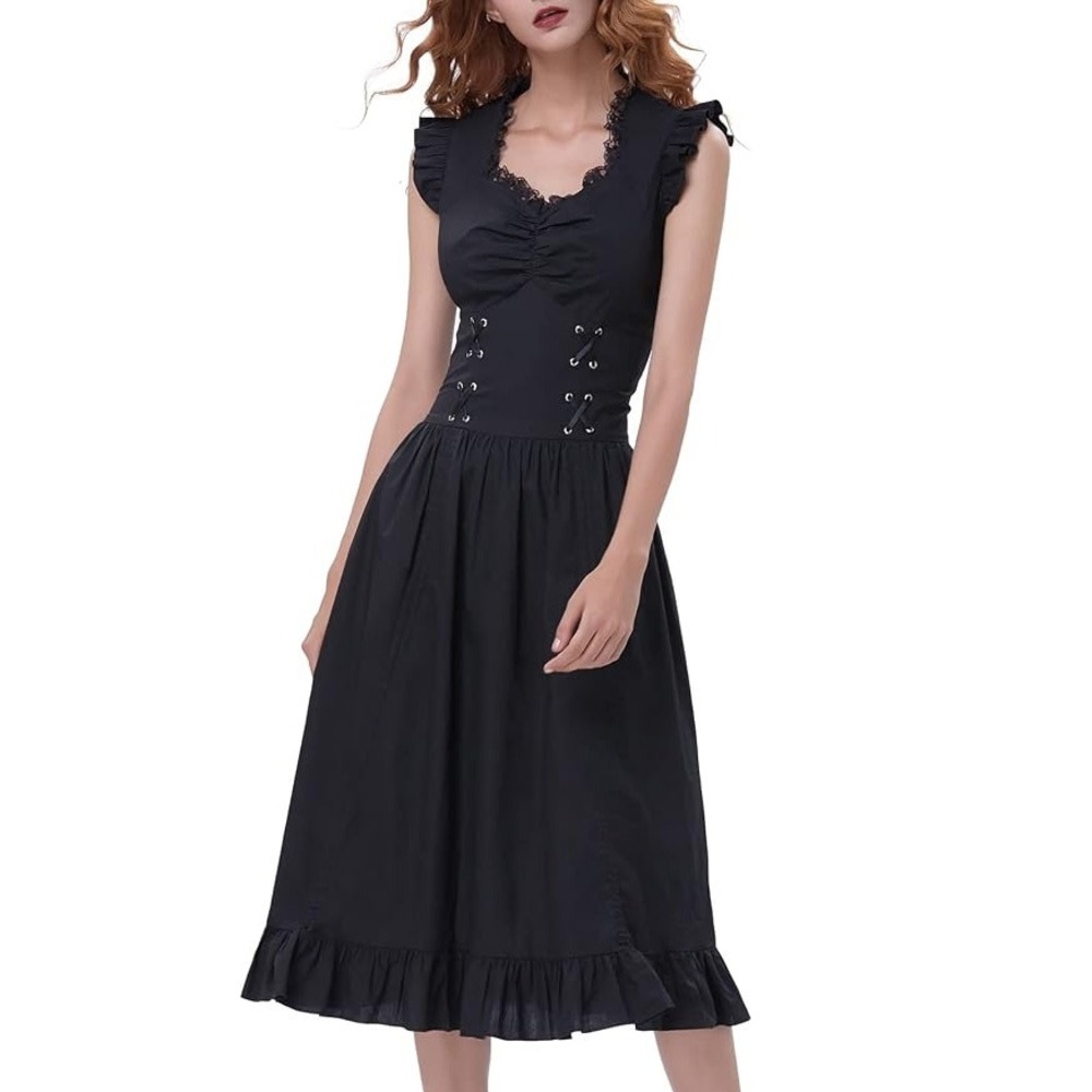 Black Ruffled Lace-Trim Midi Dress